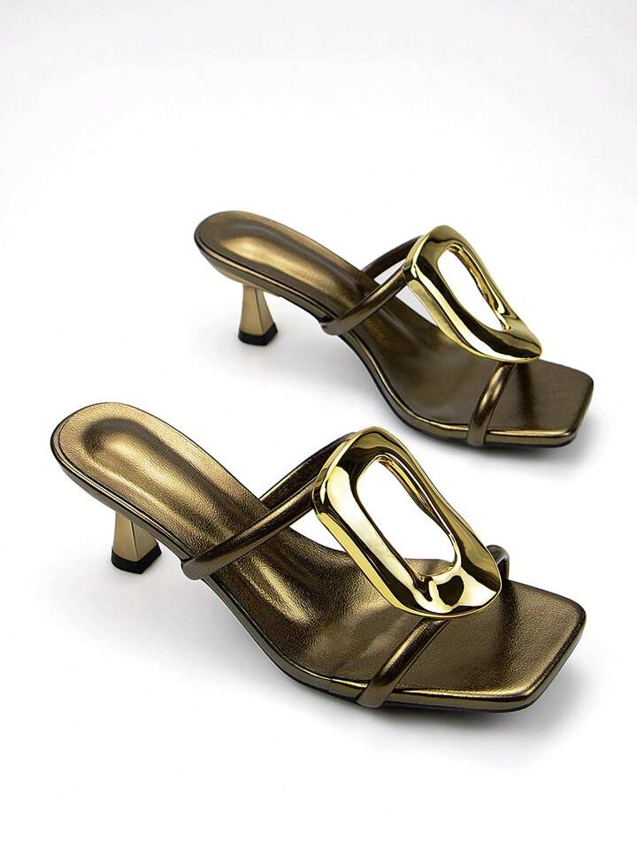 CM-SHS246423 Women Trendy Seoul Style Metallic Buckle Decor Open Toe Mid Heel Mules - Bronze