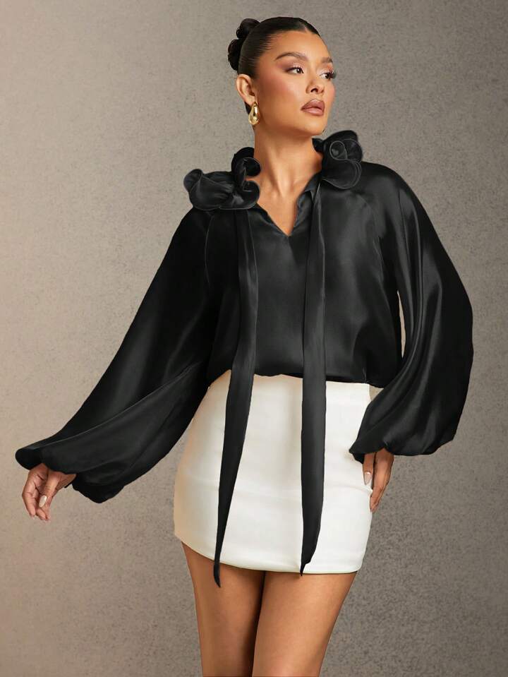 CM-TS753025 Women Elegant Seoul Style Solid Color Ruffle Trim Tie Neck Lantern Sleeve Blouse - Black