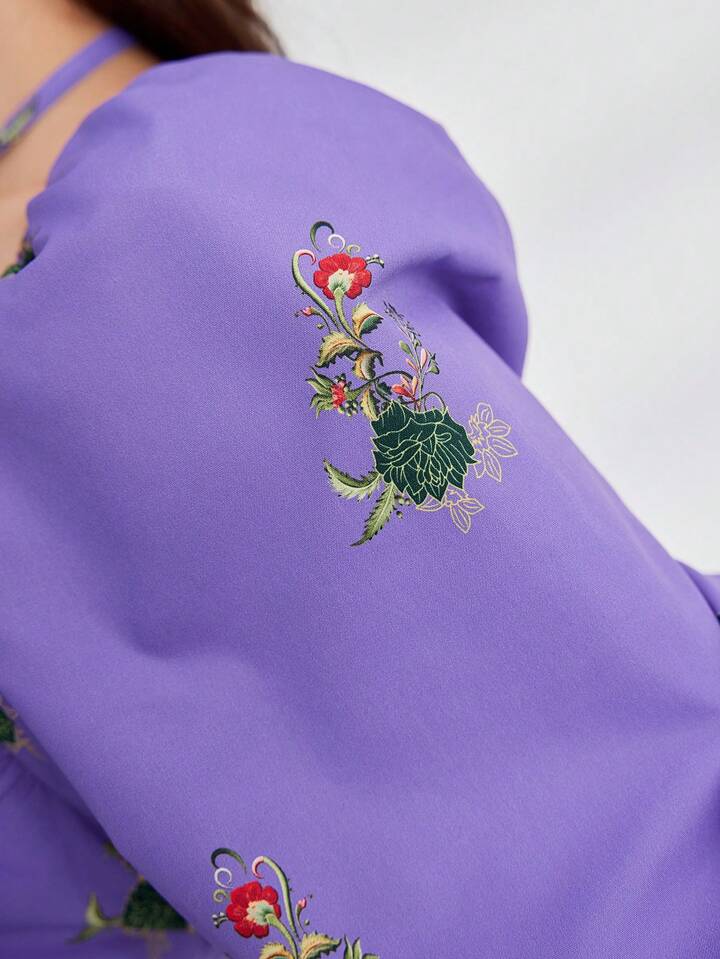 CM-DS444291 Women Casual Seoul Style Floral Print Short Puff Sleeve Long Dress - Purple