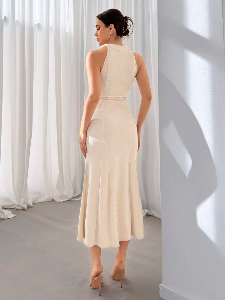 CM-DS881115 Women Elegant Seoul Style Cheongsam Collar Patchwork Mesh Fish Tail hem Dress
