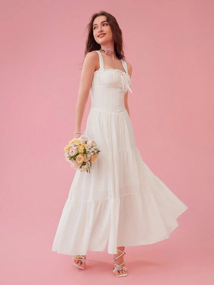 CM-DS284365 Women Elegant Seoul Style Square Collar Sleeveless Pleated Long Dress - White