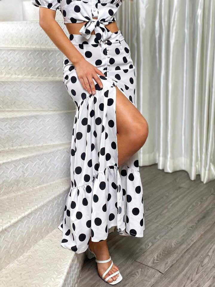 CM-BS798911 Women Casual Seoul Style Polka Dot Print Ruffled High Slit Long Skirt