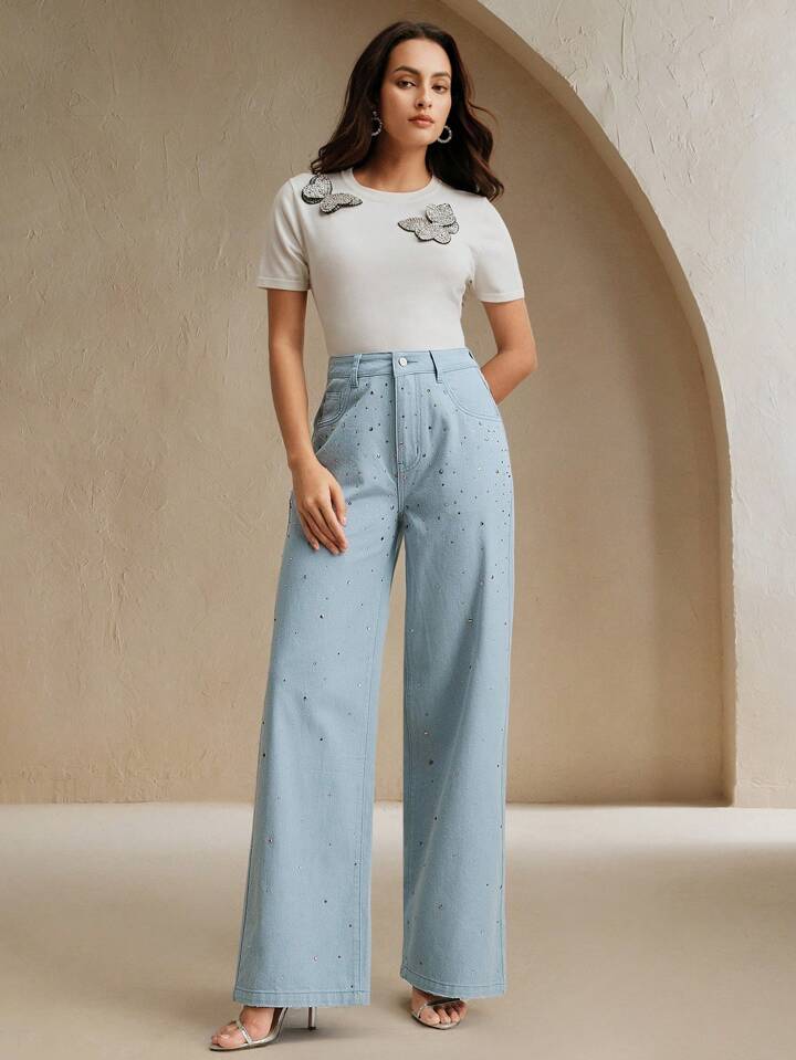 CM-BS558347 Women Casual Seoul Style Mid Waist Rhinestoned Decor Straight Leg Jeans - Blue