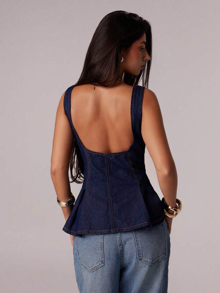 CM-TS395979 Women Elegant Seoul Style Scoop Neck Sleeveless Open Back Denim Top - Blue