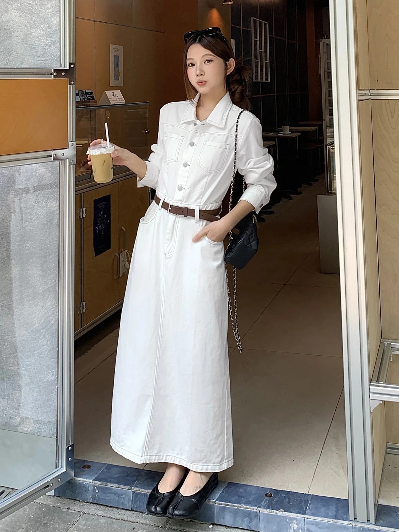 CM-DS982217 Women Casual Seoul Style Collar Neckline Long Sleeve Button Half-Placket Denim Dress - White