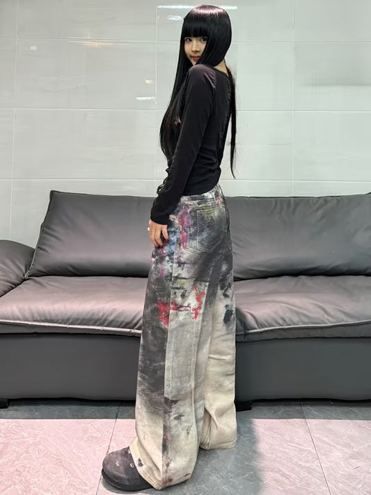 CM-BT477920 Women Casual Seoul Style Mid Waist 3D Printed Graffiti Loose-Fit Wide Leg Jeans