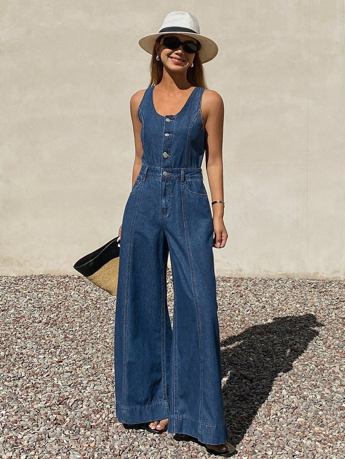 CM-JS194919 Women Elegant Seoul Style Medium Wash Sleeveless Adjustable Strap Loose Straight Leg Denim Jumpsuit
