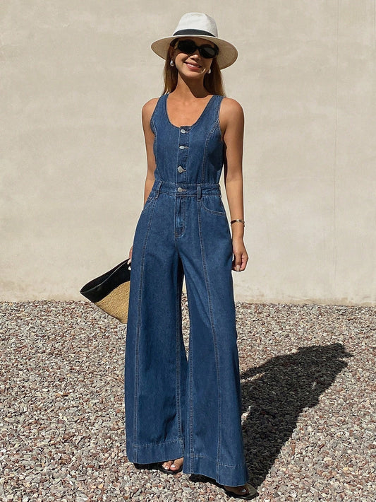 CM-JS194919 Women Elegant Seoul Style Medium Wash Sleeveless Adjustable Strap Loose Straight Leg Denim Jumpsuit