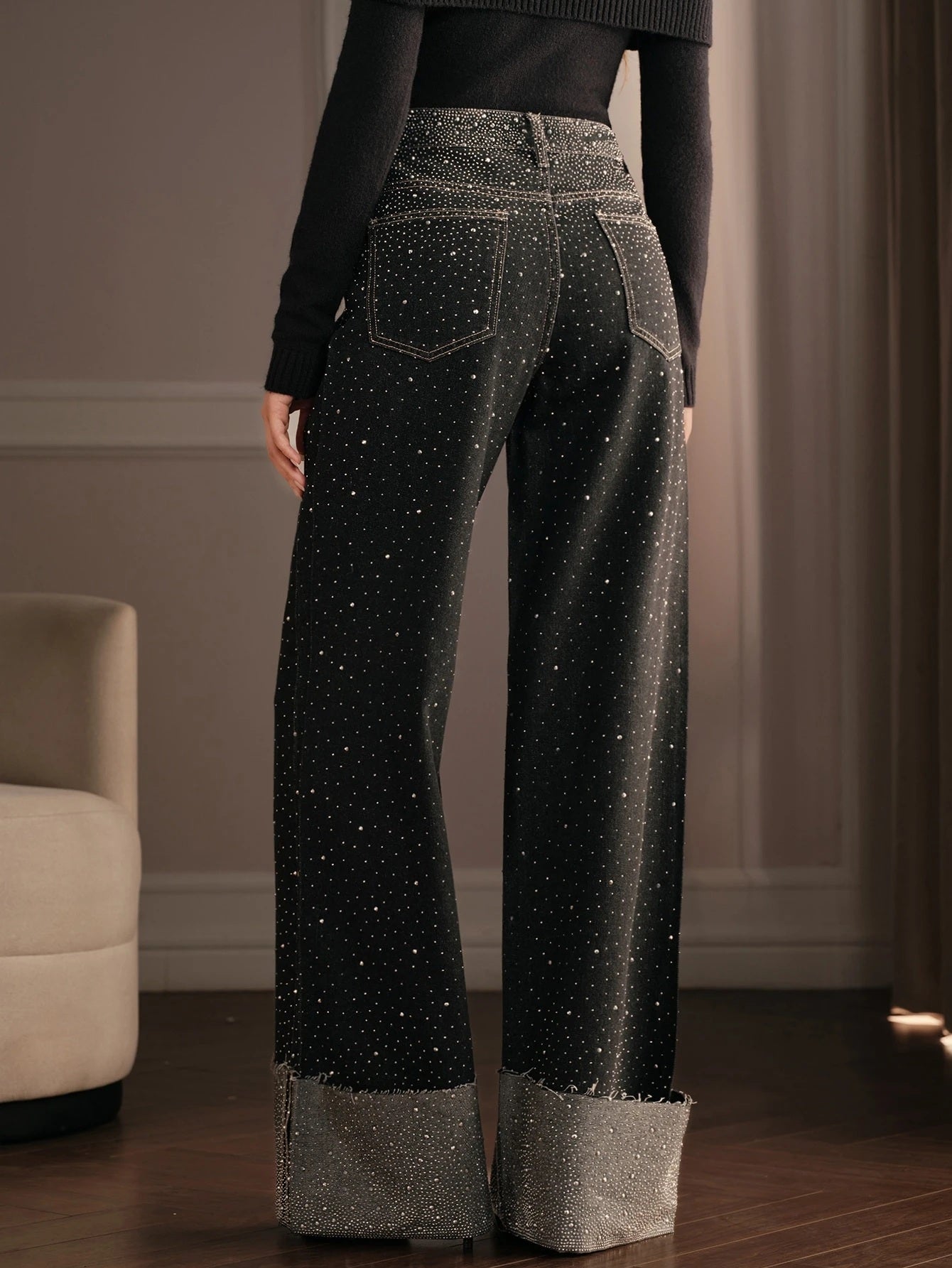 CM-BS792032 Women Elegant Seoul Style Mid Waist All Over Rhinestone Extra Long Wide Leg Denim Jeans - Black