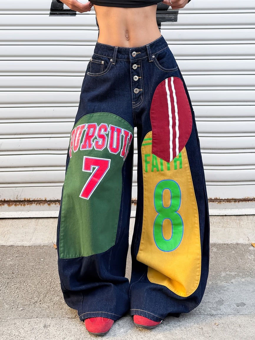 CM-BT608328 Women Casual Seoul Style Multi-Color Contrast Patchwork Letter And Number Cartoon Print Design Jeans