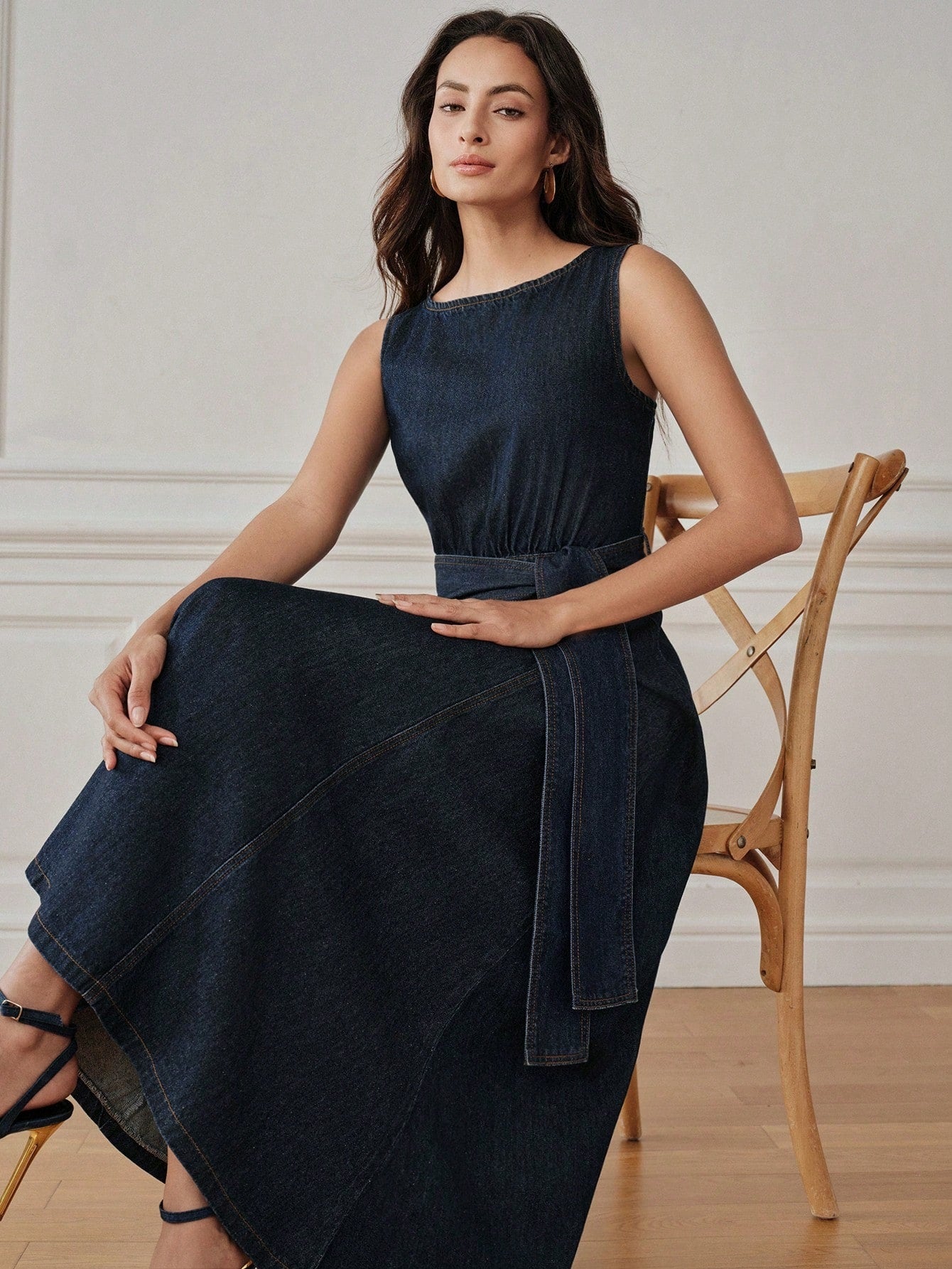 CM-DS406448 Women Elegant Seoul Style Round Neck Sleeveless Belted A-Line Denim Dress - Blue