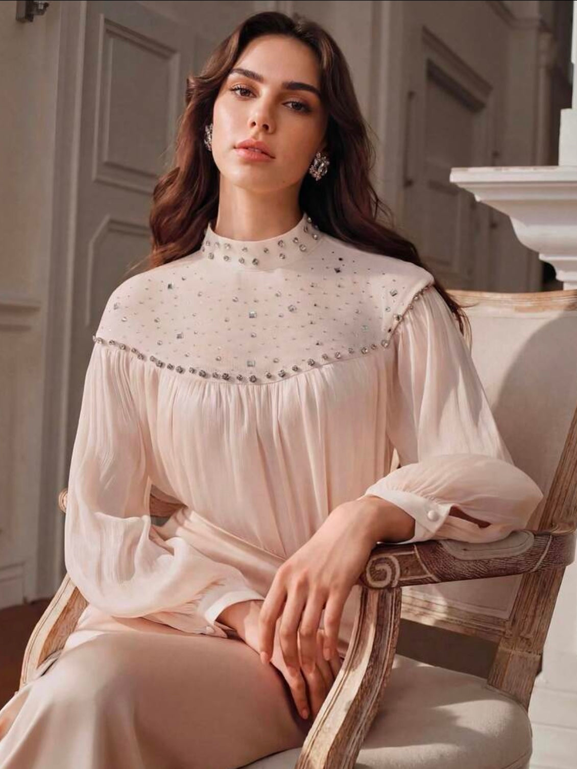 CM-TS800028 Women Elegant Seoul Style Rhinestone Embellished Mesh Patchwork Long Sleeve Glossy Loose Fit Top - Apricot