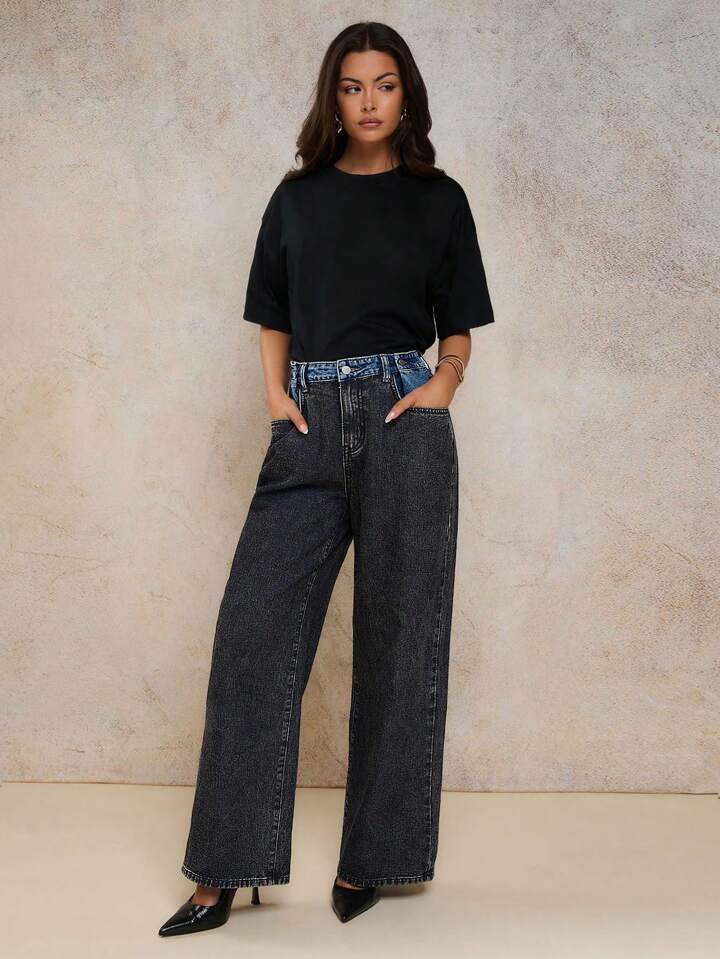 CM-BS870220 Women Casual Seoul Style Mid Waist Contrast Color Pocket Loose Straight Leg Jeans - Dark Gray