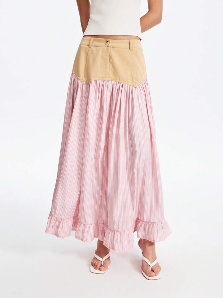 CM-BS028786 Women Casual Seoul Style Striped Asymmetric Patchwork A-Line Ruffle Hem Skirt