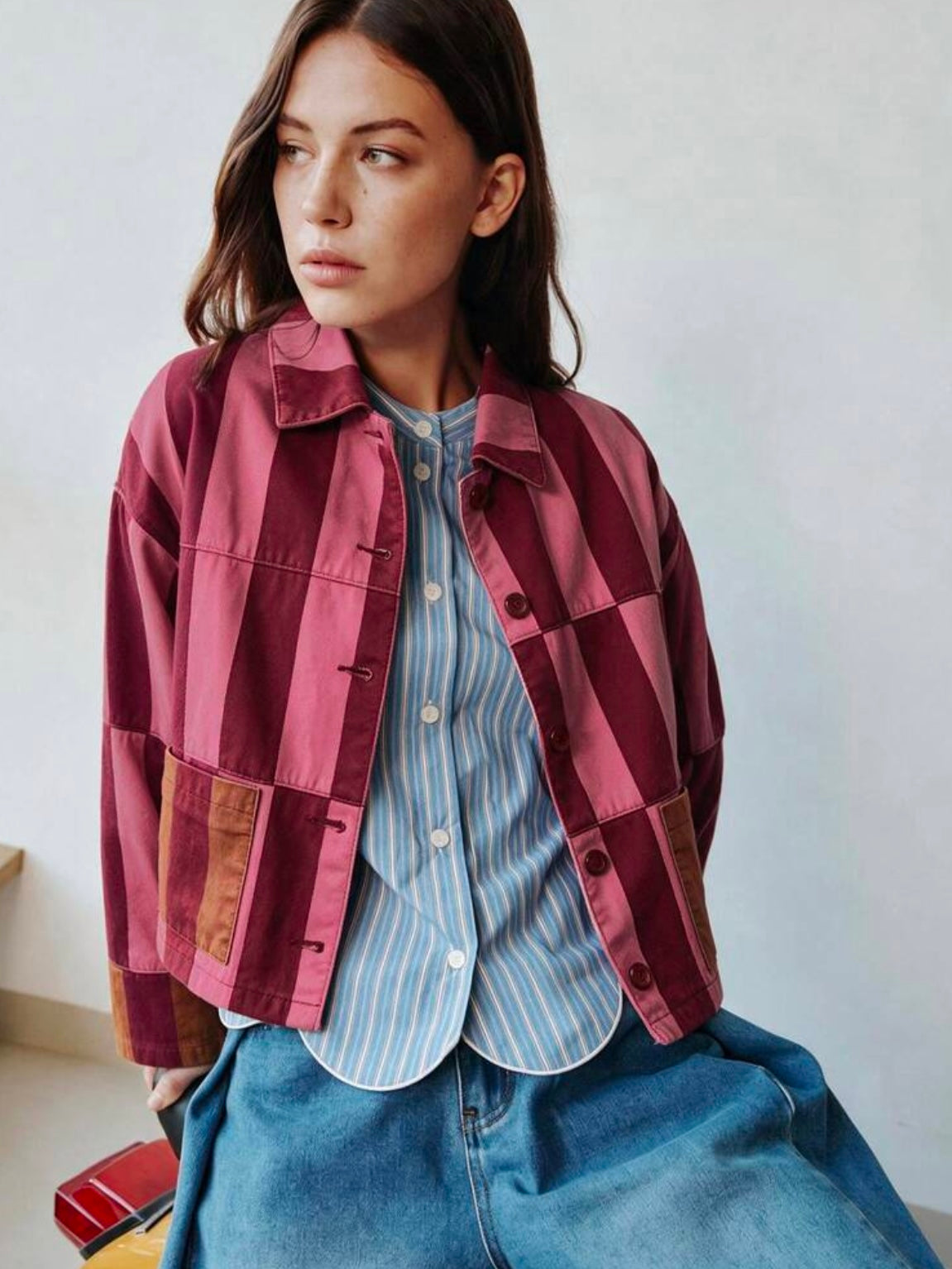 CM-CS518142 Women Elegant Seoul Style Collar Neckline Long Sleeve Striped Cropped Jacket