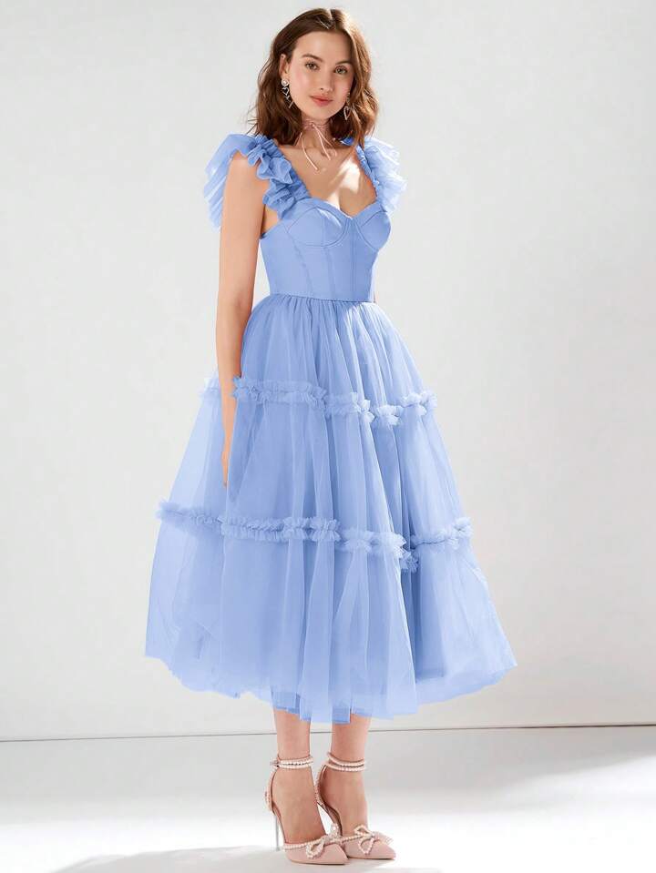 CM-DS515994 Women Elegant Seoul Style Sweet Heart Neck Flounce Sleeve Ruched Mesh Dress - Baby Blue