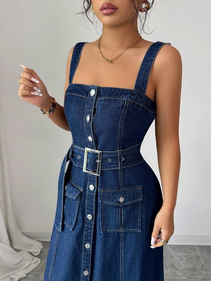 CM-DS261711 Women Elegant Seoul Style Dark Wash Flip Pocket Single-Breasted Buckle Belted Denim Strap Dress