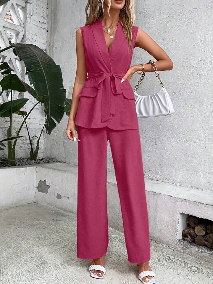 CM-SS889299 Women Elegant Seoul Style Shawl Collar Waistband Suit Vest With Wide Leg Pants - Set