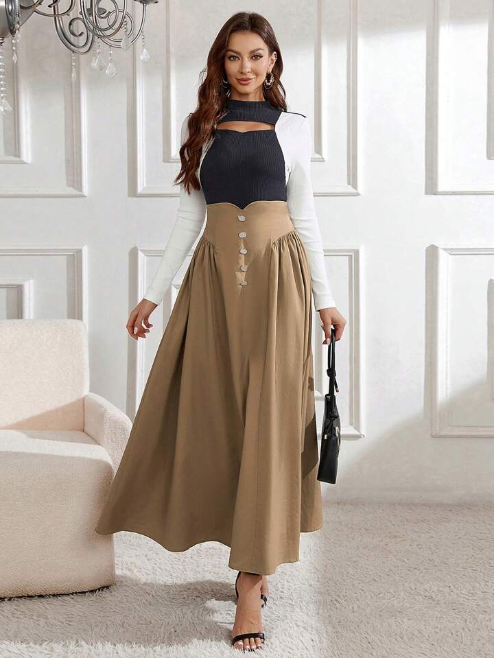 CM-BS236107 Women Elegant Seoul Style Button Decorated Pleated Skirt - Khaki