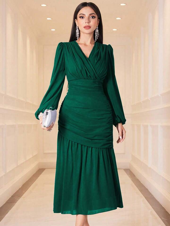 CM-DS555473 Women Elegant Seoul Style V-Neck Lantern Sleeve Pleated Ruffle Hem Dress - Green