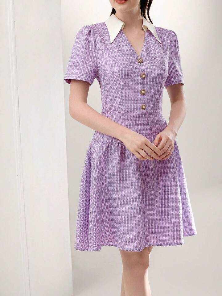CM-DS337872 Women Casual Seoul Style Collar Neckline Short Sleeve High Waist Contrast Splice Mini Dress