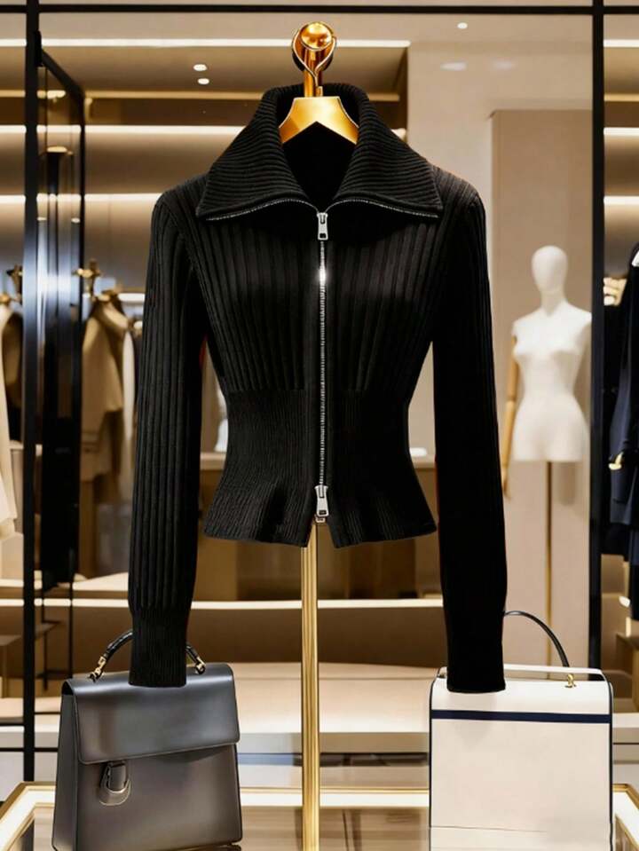 CM-CS791813 Women Casual Seoul Style Stand Collar Double-Ended Zipper Ribbed Yarn Short Fitted Cardigan