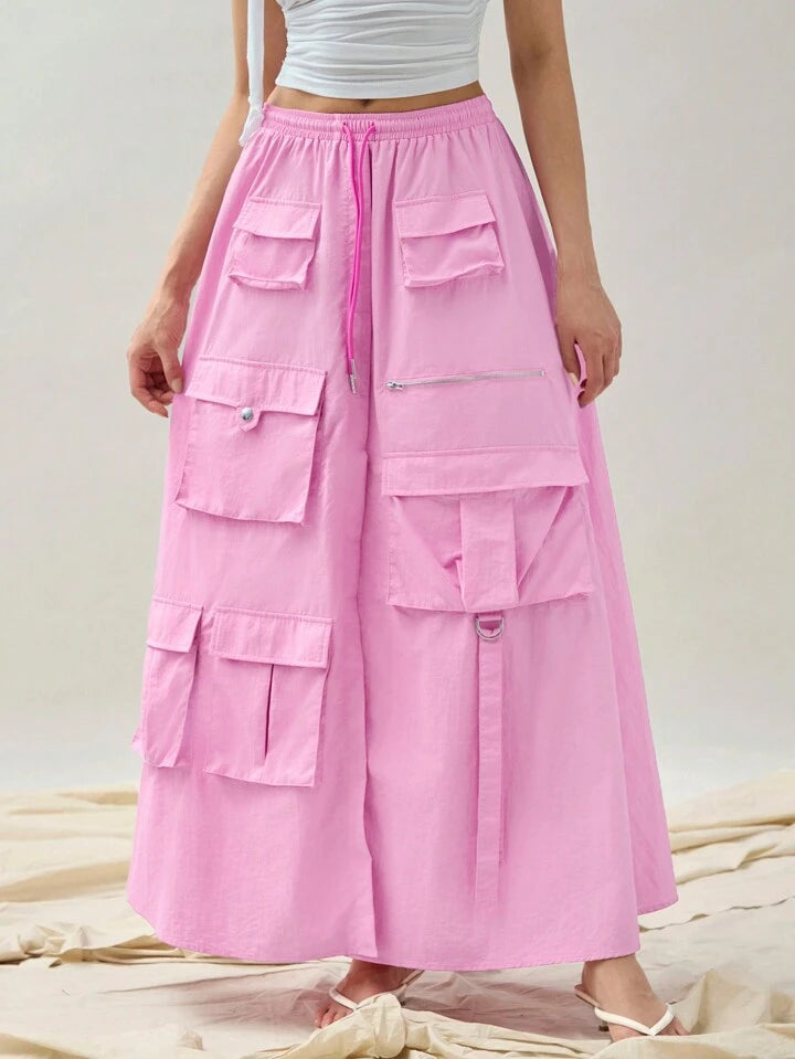 CM-BS691073 Women Casual Seoul Style Solid Color Drawstring Waist Pocketed Split Hem Skirt