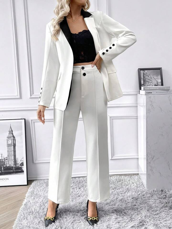 CM-SS451228 Women Elegant Seoul Style Contrast Collar Flap Detail Blazer With Pants Suit - White