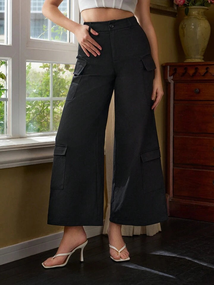 CM-BS964483 Women Elegant Seoul Style Cargo Slant Pocket Wide-Legged Trousers - Black