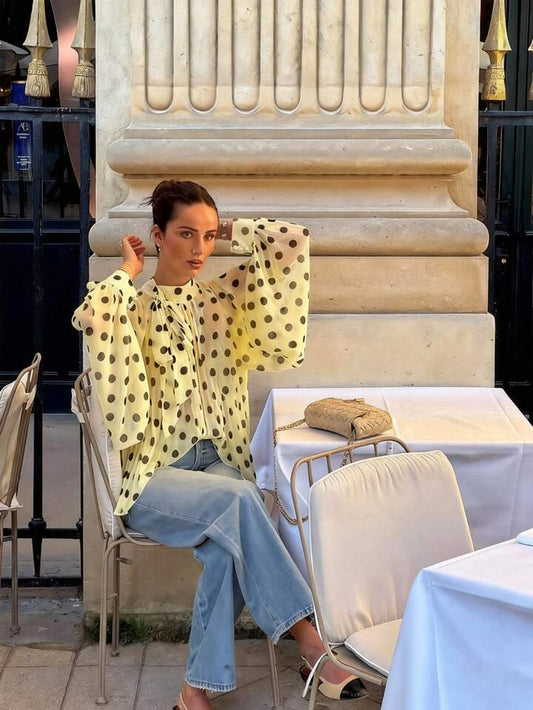 CM-TS430279 Women Elegant Seoul Style Bowknot Lantern Sleeve Polka Dot Pattern Pleated Blouse - Yellow