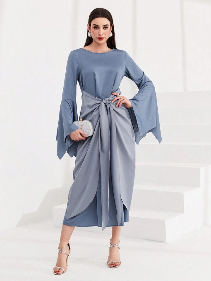 CM-DS044444 Women Elegant Seoul Style Irregular Bell Sleeve Tied Front Dress - Blue