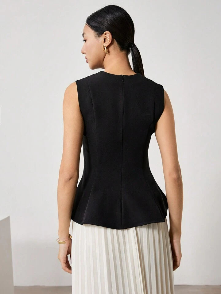 CM-TS131631 Women Elegant Seoul Style Solid Color Crew Neck Sleeveless Pleated Slim Fit T-Shirt - Black