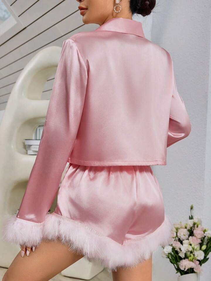 CM-LS176068 Women Trendy Seoul Style Satin Contrast Faux Fur Pajamas Set - Pink