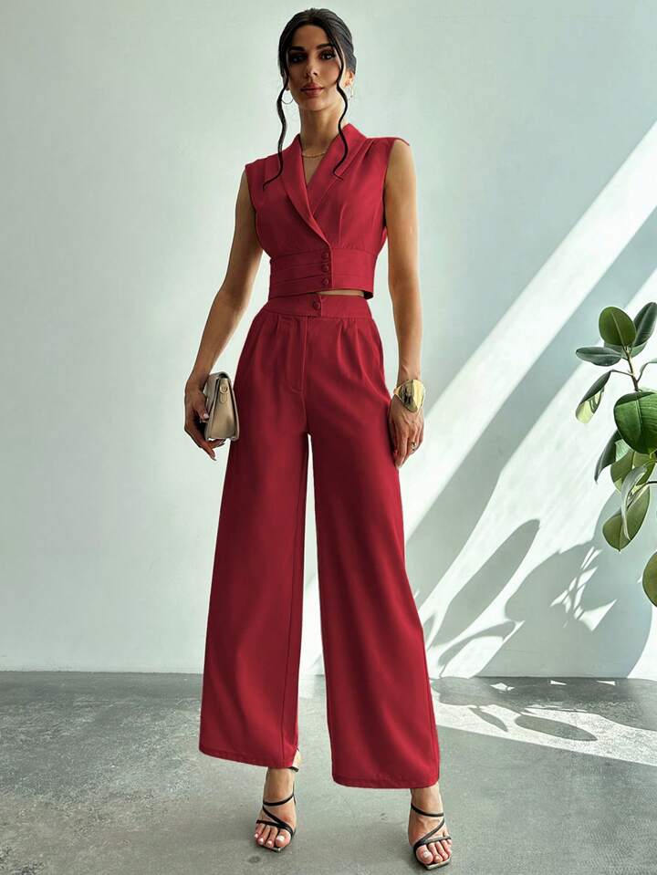 CM-SS251155 Women Elegant Seoul Style Collared Fitted Cap Sleeve Shirt With Straight-Leg Pants Suit - Red