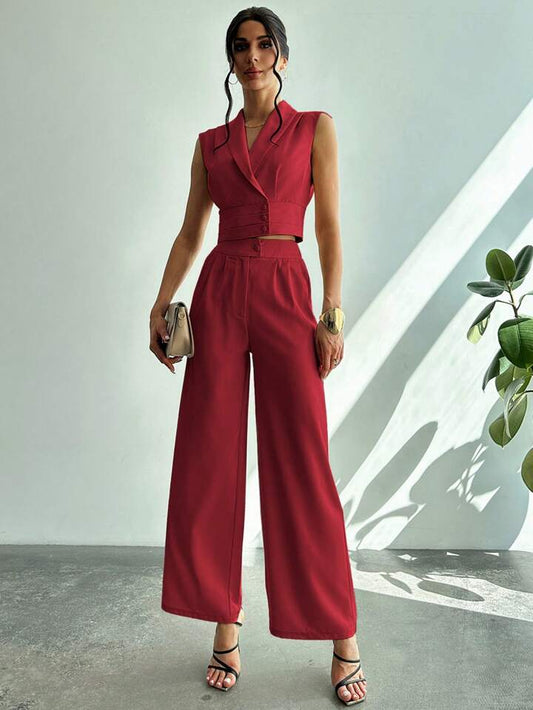 CM-SS251155 Women Elegant Seoul Style Collared Fitted Cap Sleeve Shirt With Straight-Leg Pants Suit - Red