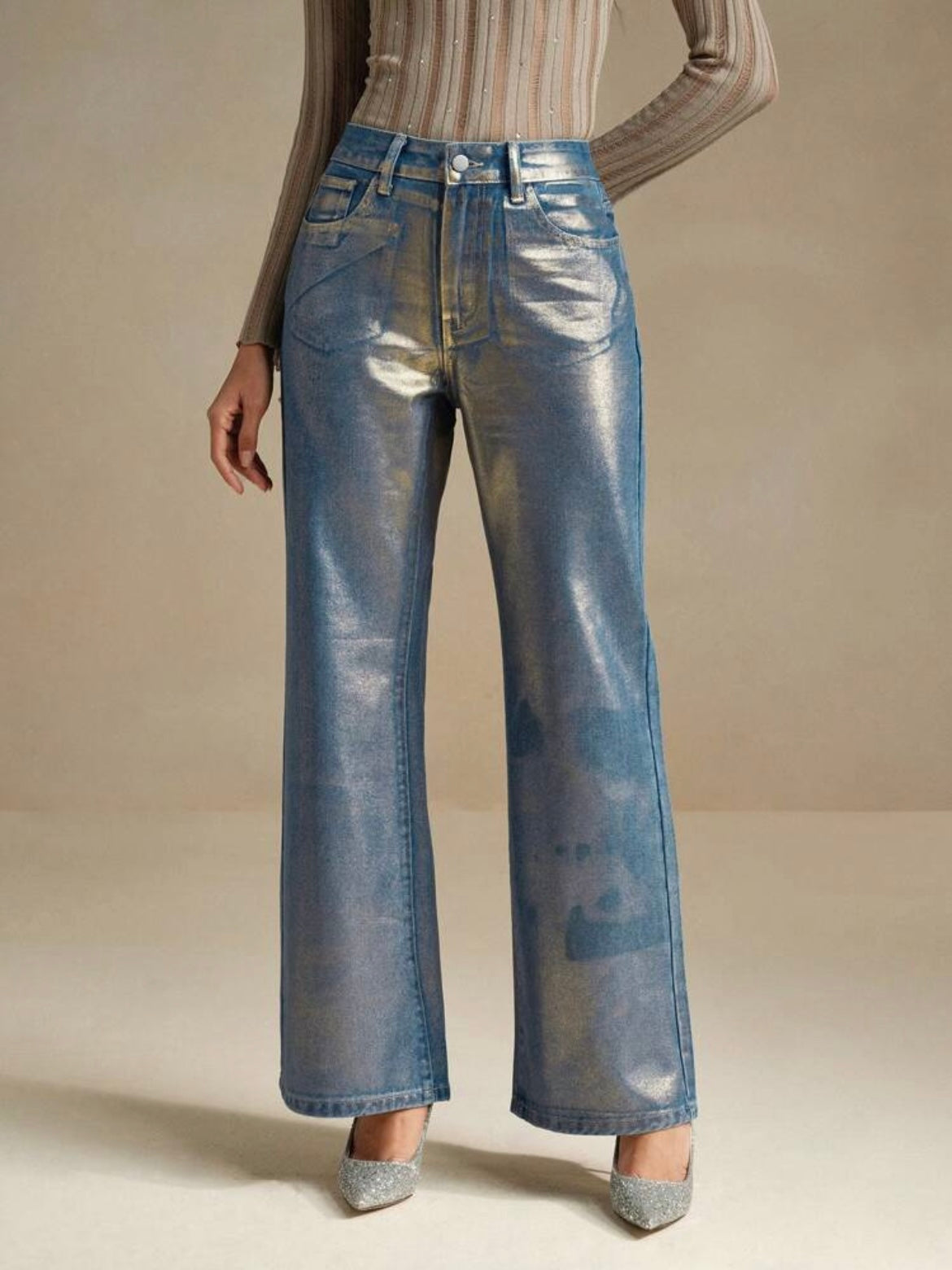 CM-BS502302 Women Elegant Seoul Style Metallic Effect Loose Fit Wide Leg Jeans - Blue