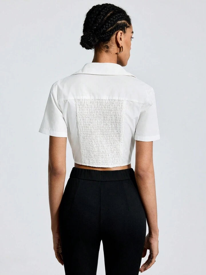 CM-TS191209 Women Casual Seoul Style Collar Neckline Pleated Short Sleeve Shirt - White