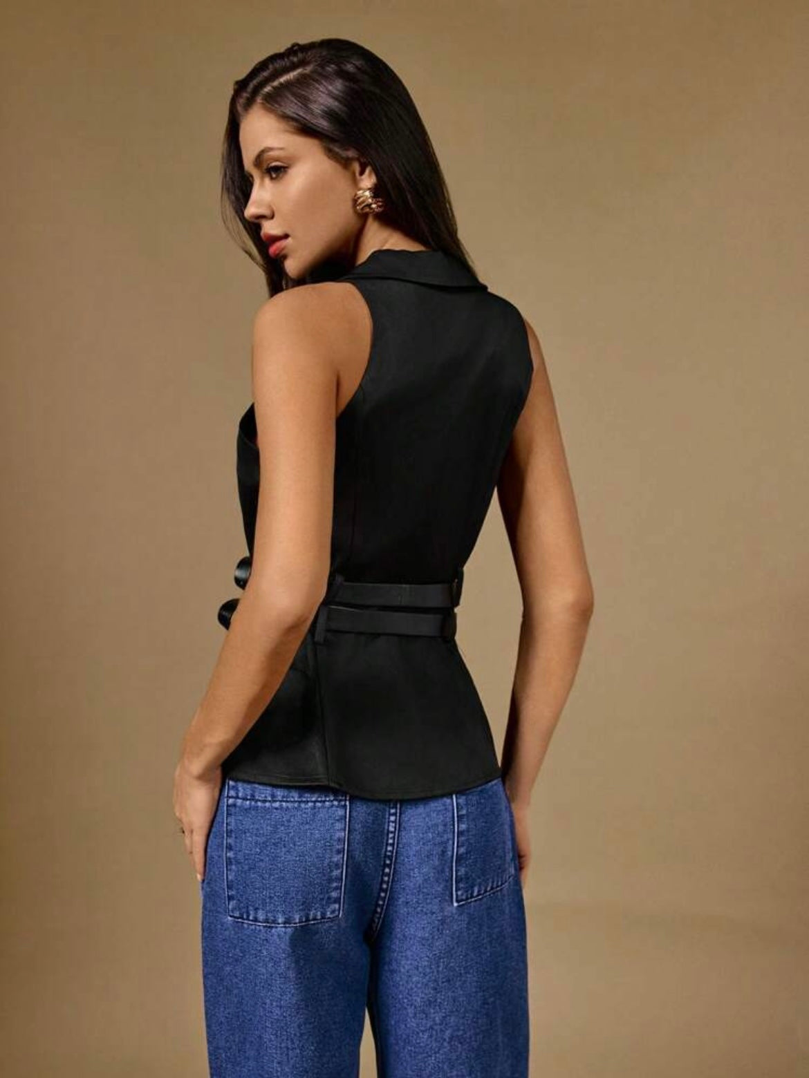 CM-TS204035 Women Casual Seoul Style Solid Color V-Neck Belted Sleeveless Blouse - Black