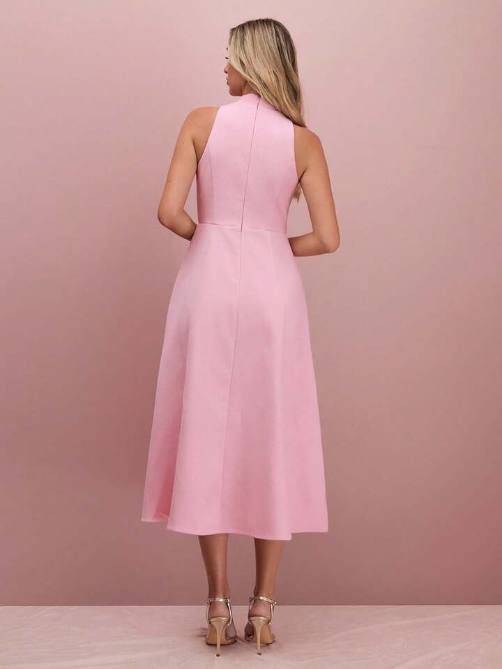 CM-DS051639 Women Elegant Seoul Style Tie Neck Sleeveless High Waist A-Line Midi Dress - Pink