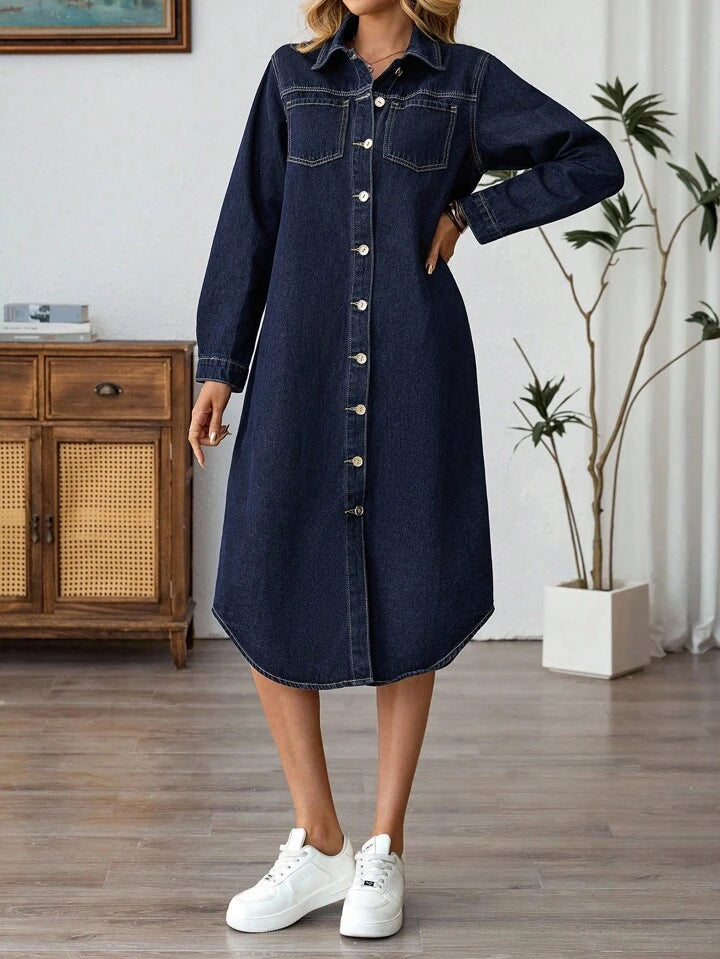 CM-DS739697 Women Elegant Seoul Style Solid Dark Wash Color Collar Neckline Long Sleeve Denim Dress
