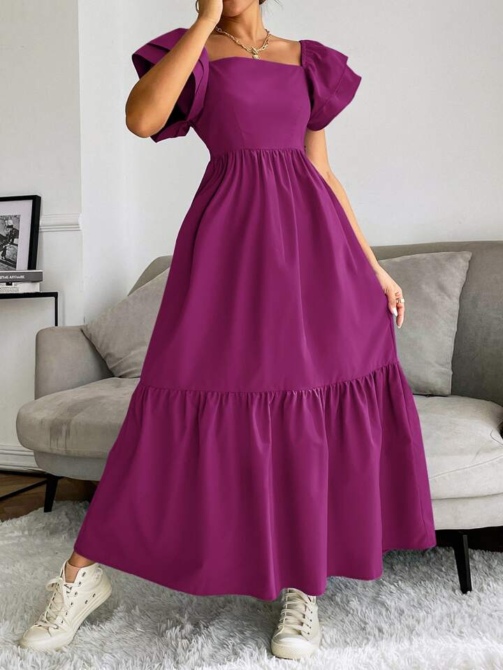 CM-DS813851 Women Trendy Bohemian Style Layered Sleeve Ruffle Hem Dress - Purple