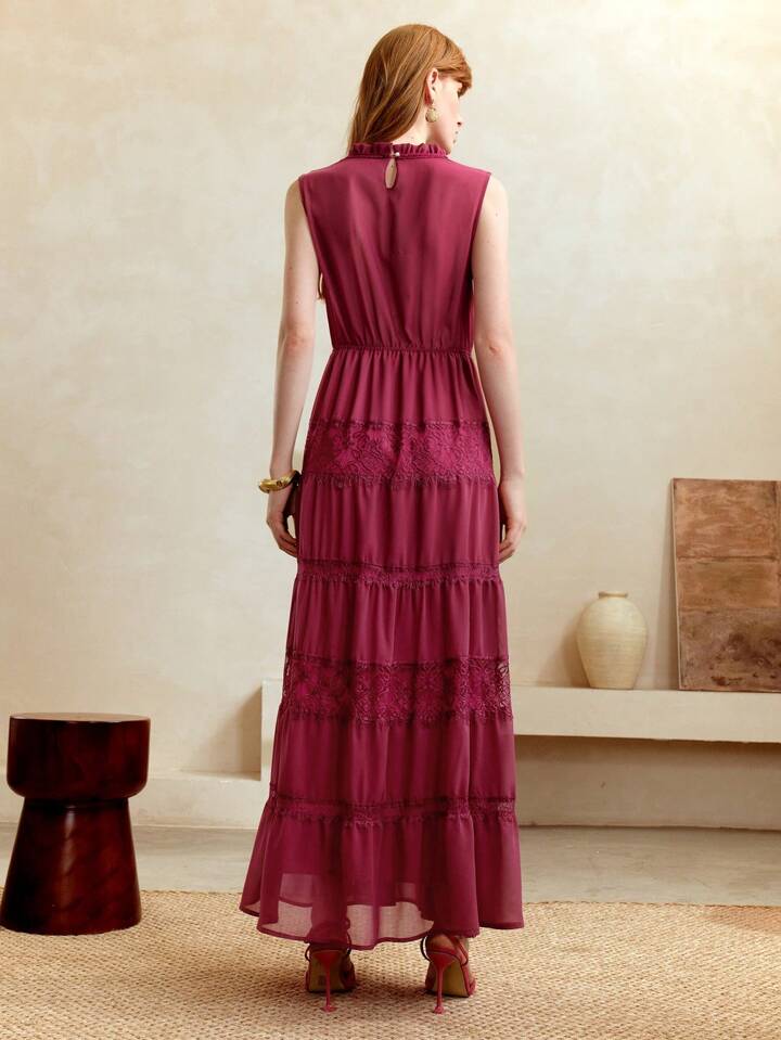 CM-DS601449 Women Trendy Bohemian Style Solid Color Patchwork Stand Collar Sleeveless Dress - Red Violet