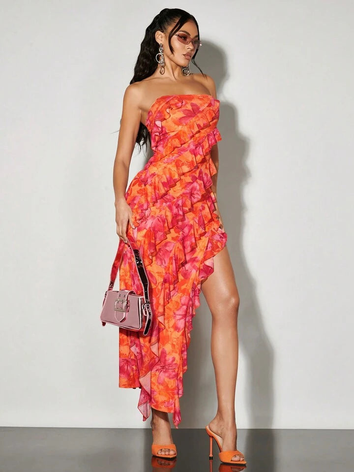 CM-DS890199 Women Casual Seoul Style Strapless Layered Floral Mermaid Long Dress