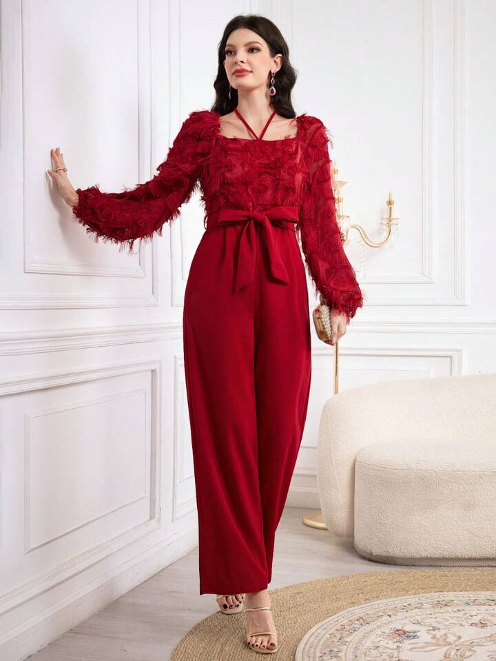 CM-JS726866 Women Elegant Seoul Style Square Neck Lantern Sleeve Waist Belt Jumpsuit - Red