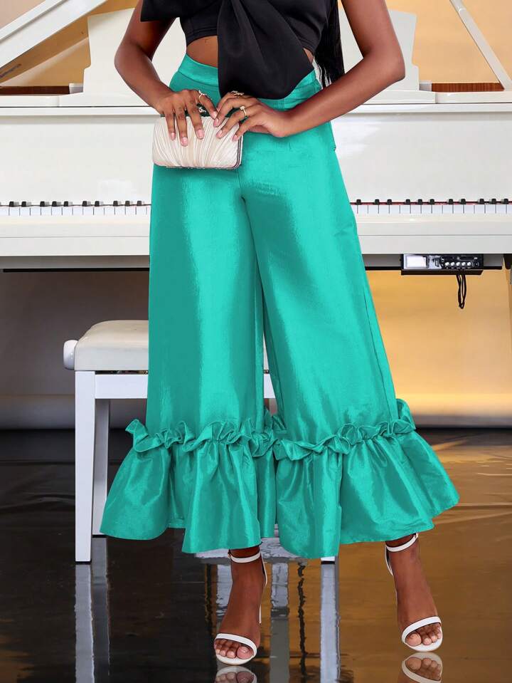 CM-BS112010 Women Elegant Seoul Style Bell Bottom Ruffle Trim Wide Leg Pants - Green