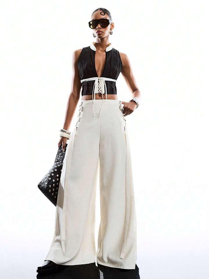 CM-BS055171 Women Casual Seoul Style Solid Color Minimalist Tie-Up Pants Dress Over Pants - Khaki