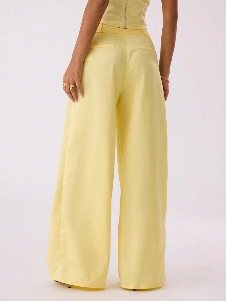 CM-BS543334 Women Casual Seoul Style Satin Wide Leg Pleat Front Trouser - Yellow