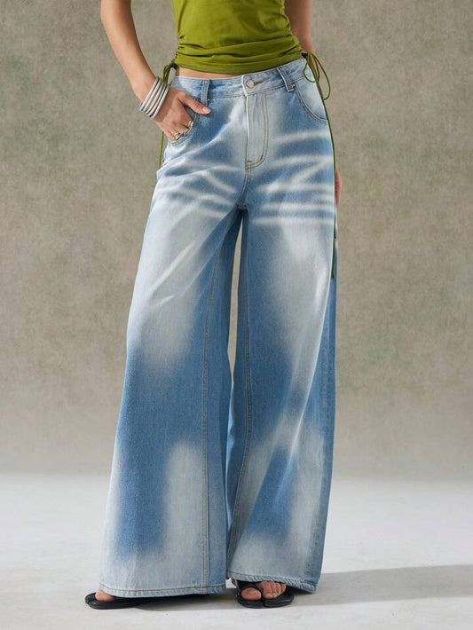 CM-BS636054 Women Casual Seoul Style All-Over Print Washed Distressed Wide-Leg Jeans - Blue