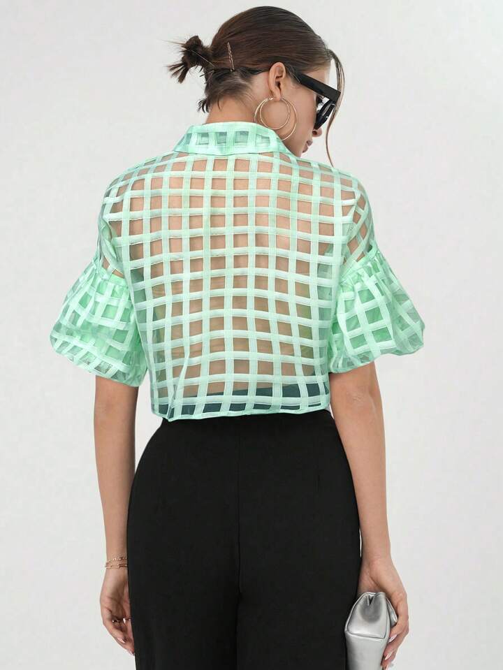 CM-TS600039 Women Casual Seoul Style Plaid Mesh Drop Shoulder Crop Shirt - Mint Green