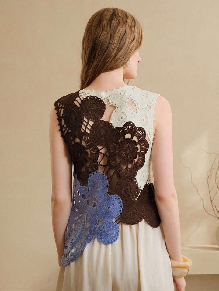 CM-TS511096 Women Trendy Bohemian Style Three-Color Floral Hand-Crossed Asymmetrical Hollow-Out Top